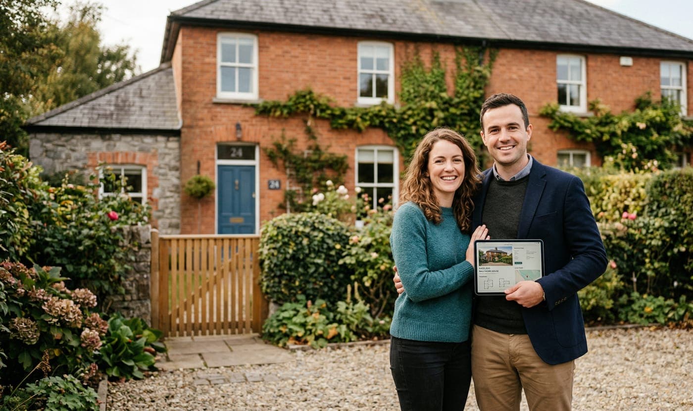 Couple viewing property details on a tablet outside an Irish home