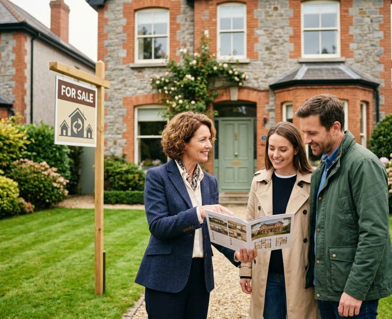Estate agent showing a PropertyPack report to prospective buyers outside an Irish property