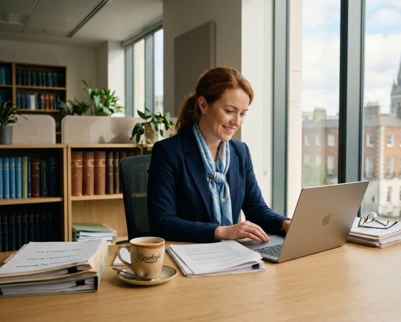 Solicitor working at her desk with PropertyPack report on laptop
