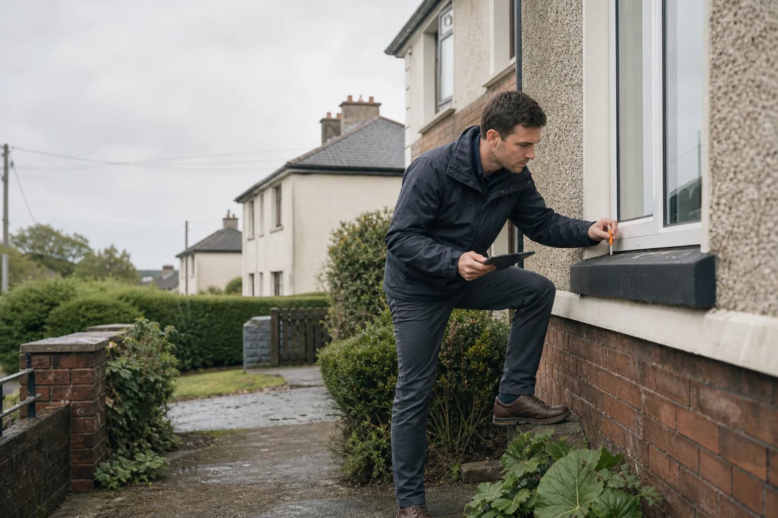 Illustrative surveyor inspecting an Irish home