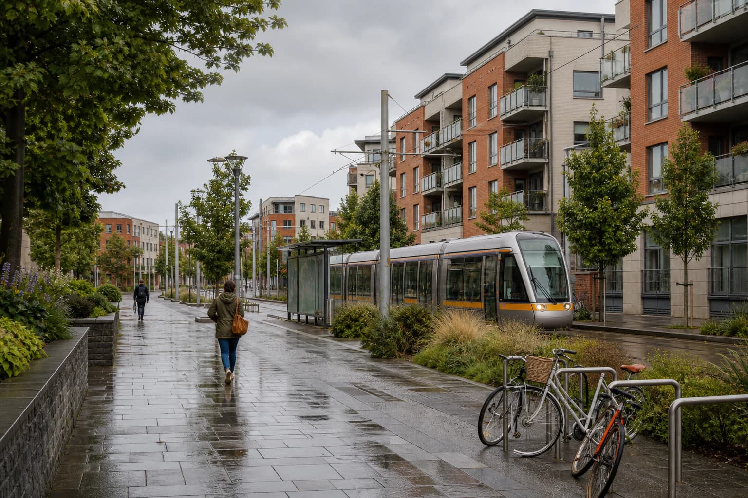 Illustrative Irish modern apartments beside transit links