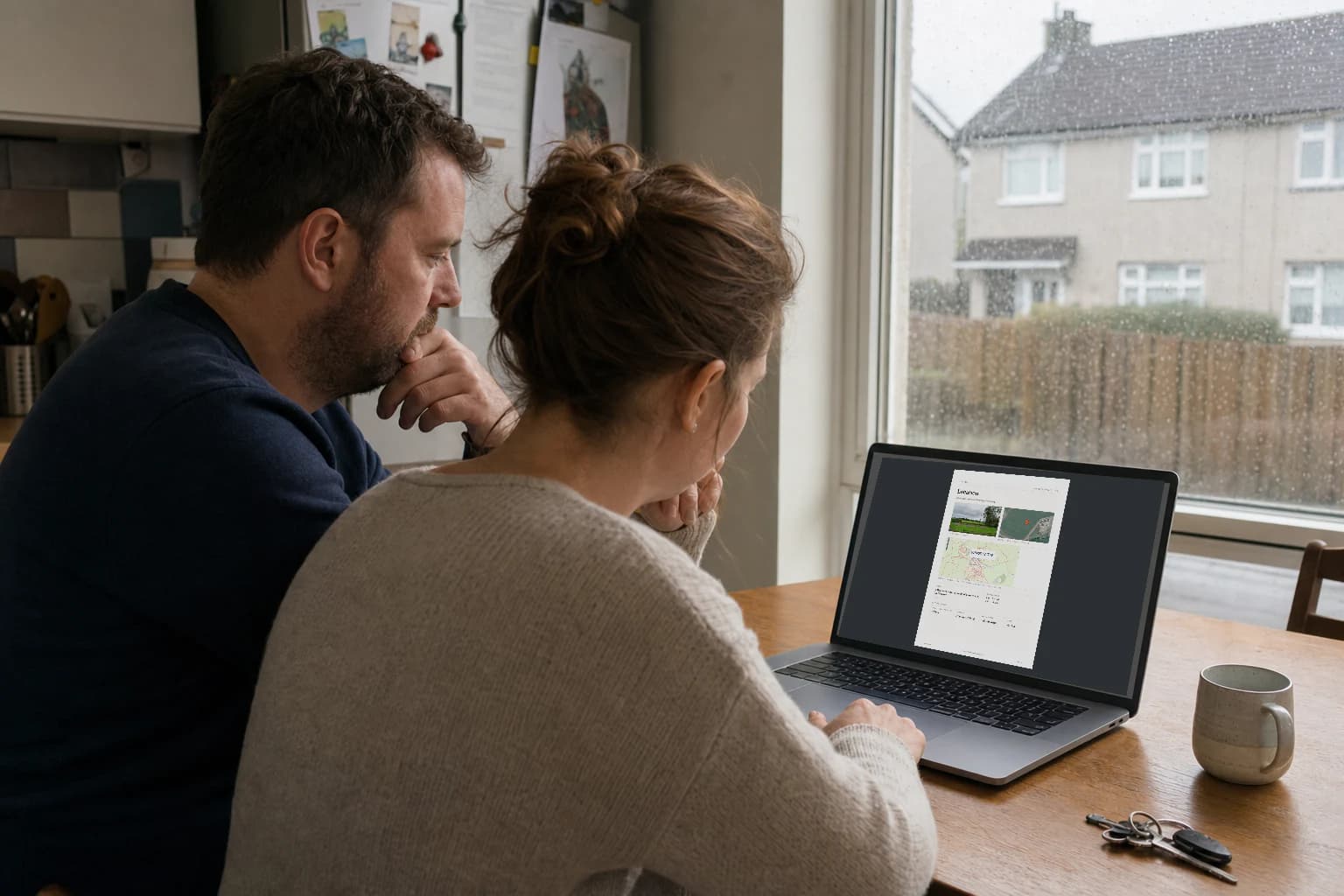 Illustrative Irish homebuyers reviewing a property report on a laptop