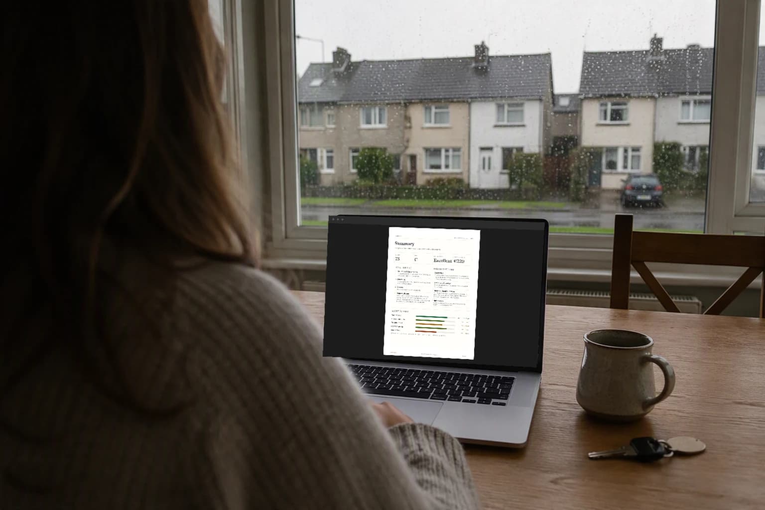 Illustrative Irish buyer reading a property report on a laptop by a window
