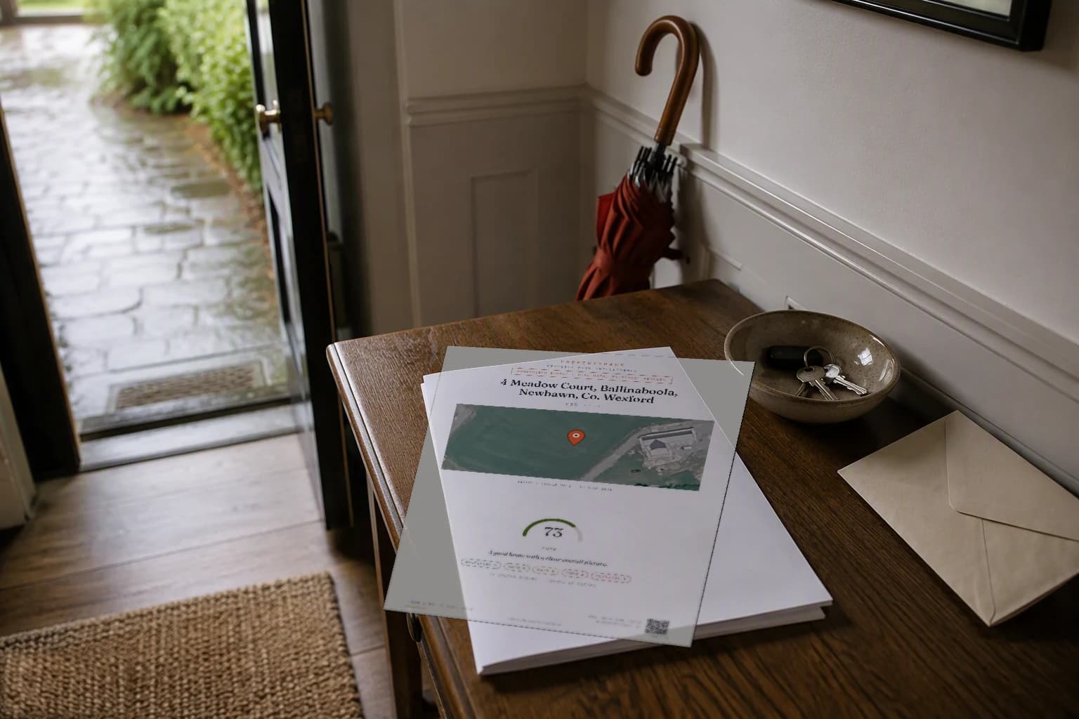 Illustrative Irish printed property report resting on a hallway table with keys
