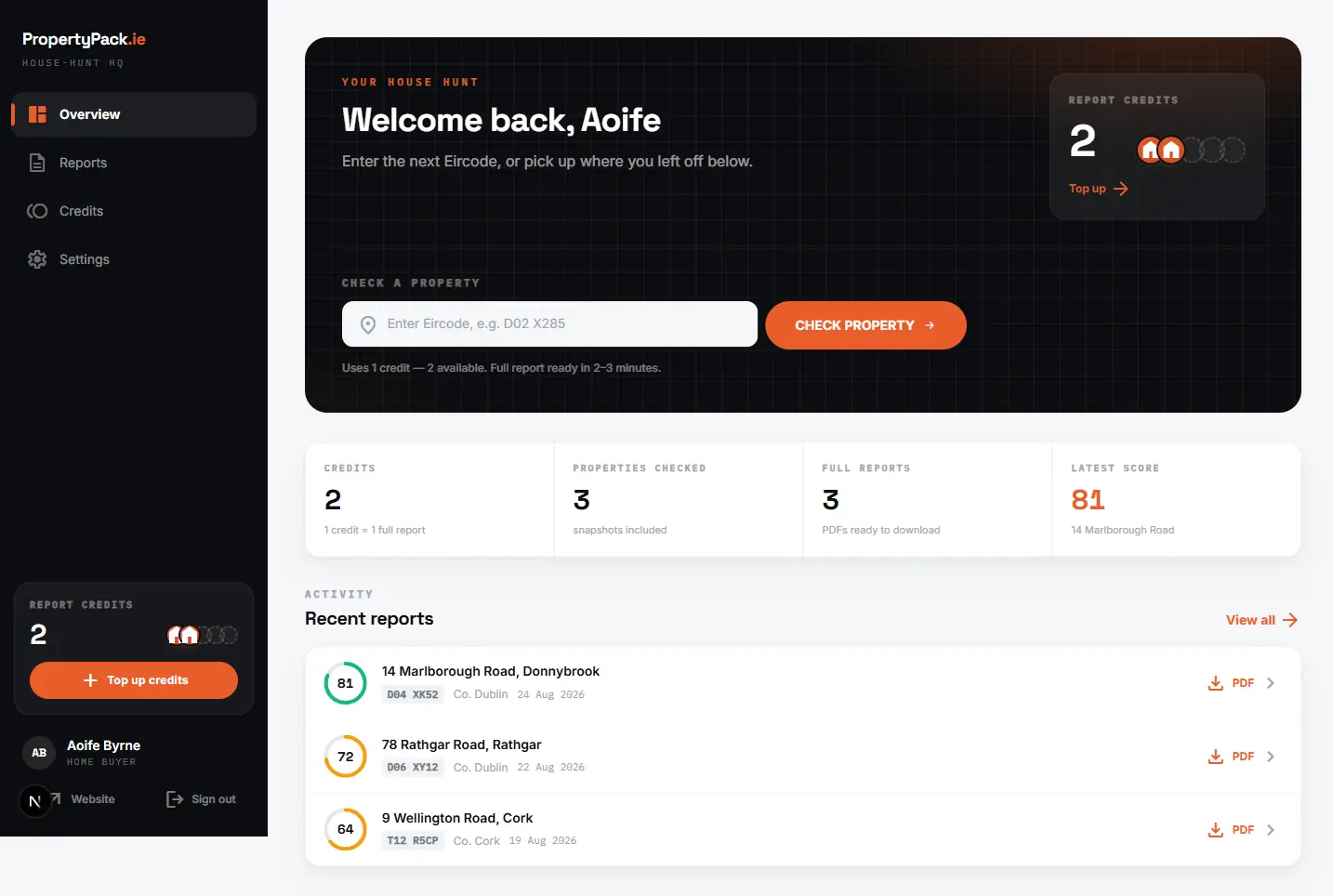 The PropertyPack account dashboard: report credits, and recent reports with their risk scores