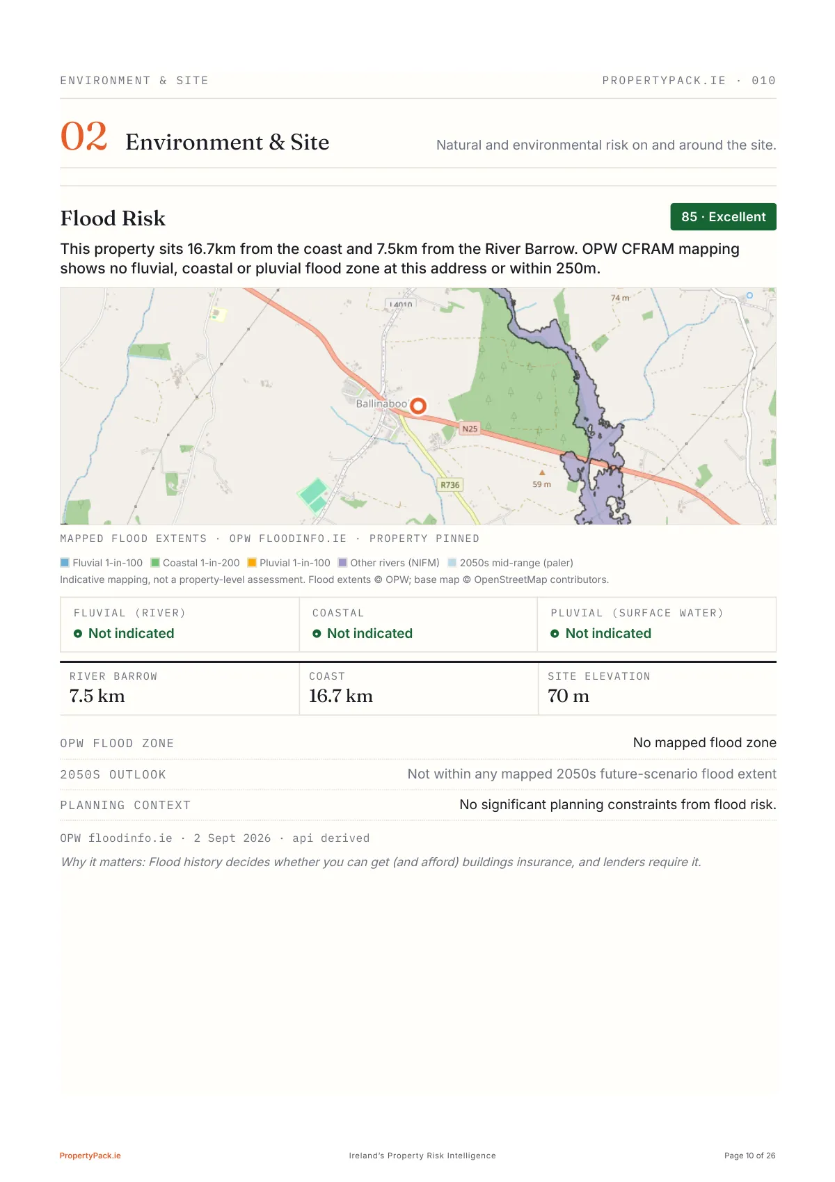 Sample report page 10 of 26: Flood zones, drawn on OPW's own map